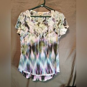 One World Tie Dye Blue and Purple Rhinestone Scoop Blouse